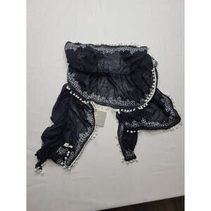 Anthropologie NWT Scarf Shawl Embroidered Black White Tassel Embroidered 98"Long